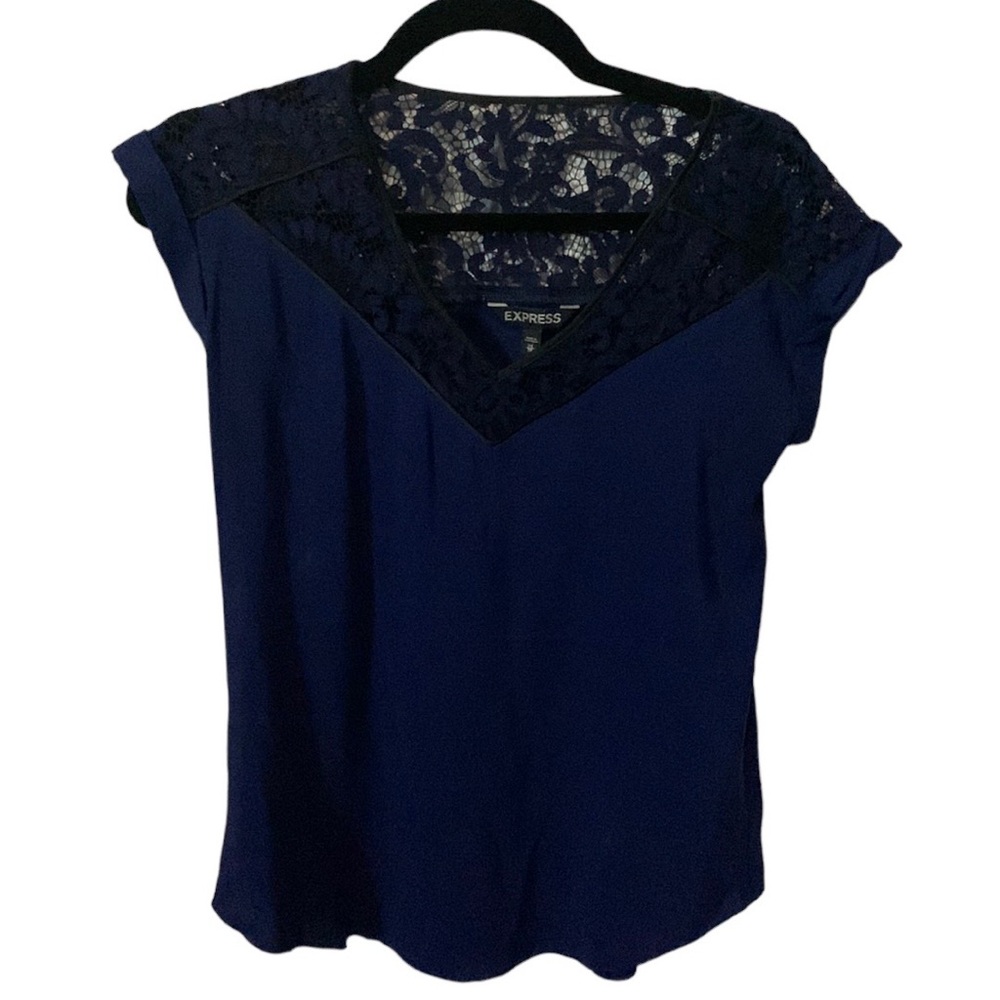 Express Dark Blue with Black Lace V-Neck Short Sleeved Blouse US XS